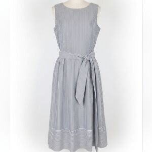 Anne Klein Gray and White Striped Seersucker Midi Dress Size 14
